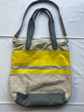 GAP Canvas & Cow Leather Stripe Tote Bag Yellow Beige Crossbody Shoulder Bag
